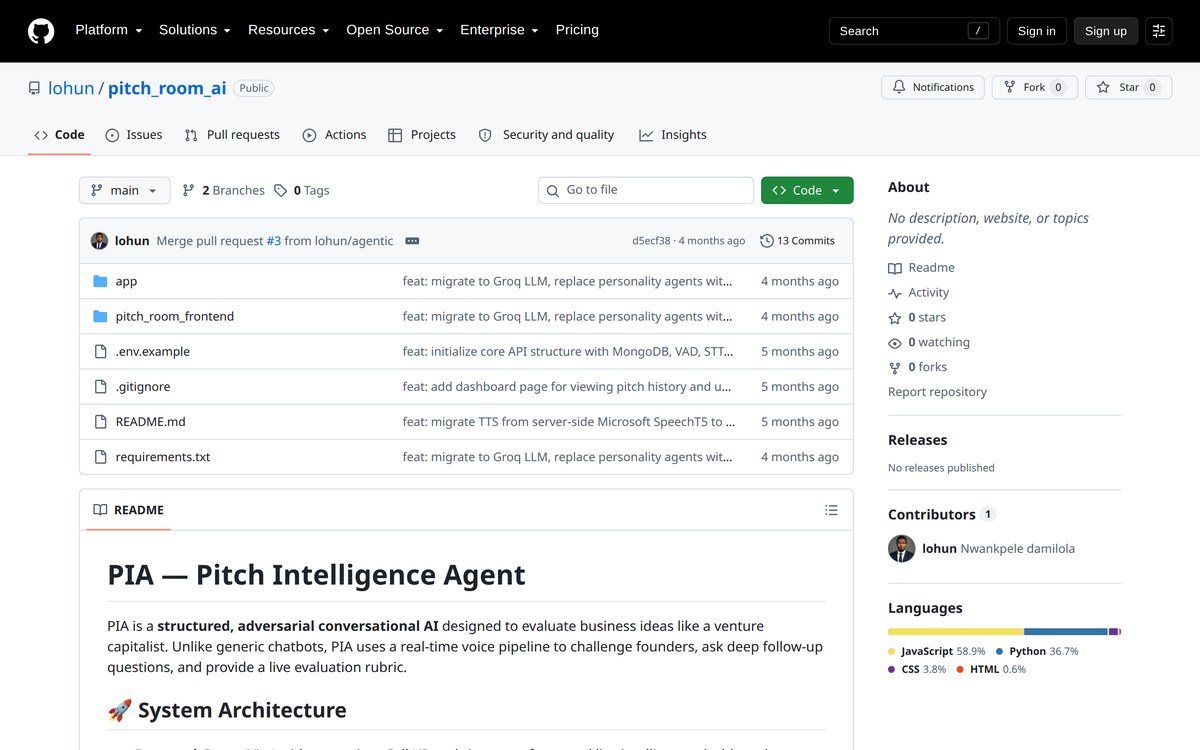 Pitch Room AI — GitHub repository for an AI pitch room assistant