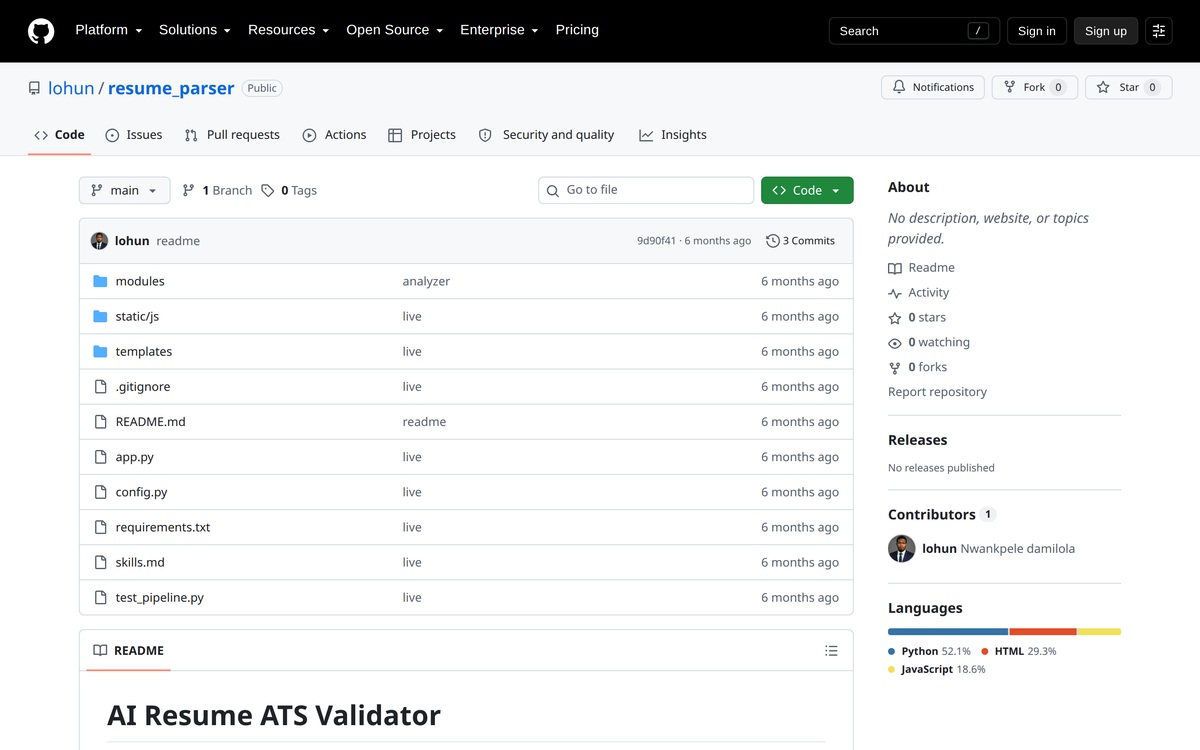 Resume Validator — GitHub repository for an AI resume parser